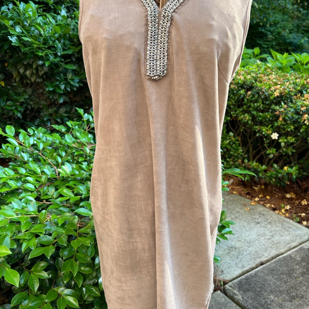 Spense Taupe Sleeveless Dress with Decorative Neckline